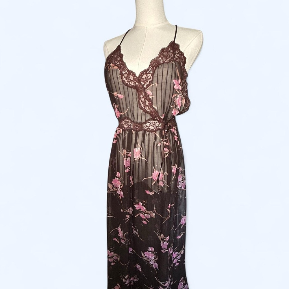 Christian Dior Chocolate Brown Sheer Slip with Pink Floral Embroidery